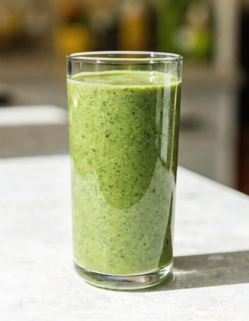 green protein smoothie with spinach and fruit for healthy energy
