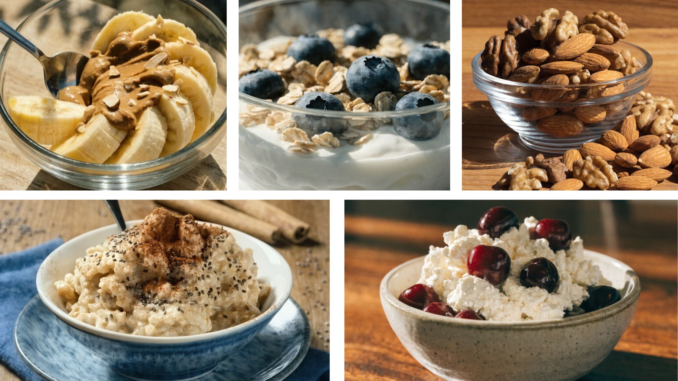 Healthy late night snacks for better sleep including oatmeal, yogurt, bananas, nuts, and calming bedtime foods