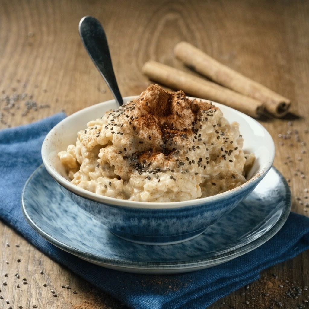 Warm cinnamon oatmeal with chia seeds as a cozy bedtime snack for better sleep