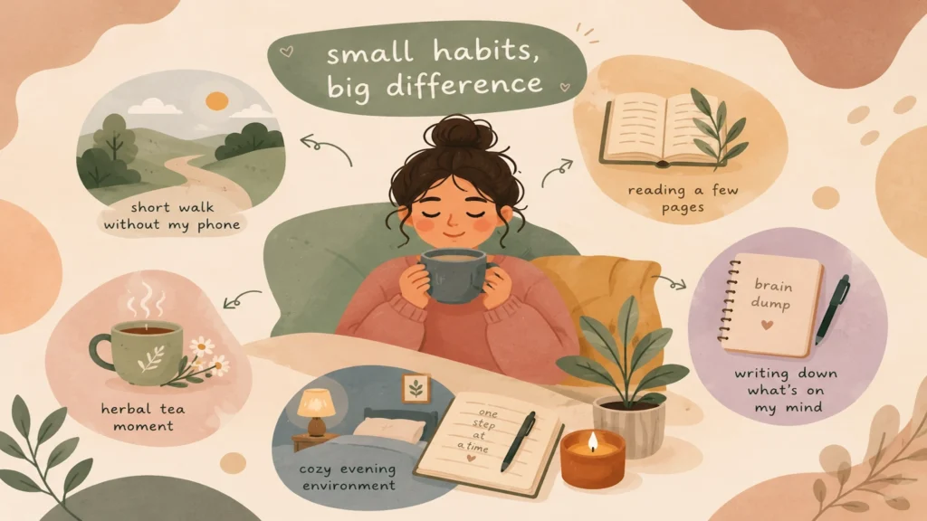 Calm evening routine with tea, book, and soft lighting representing small habits for stressfull days