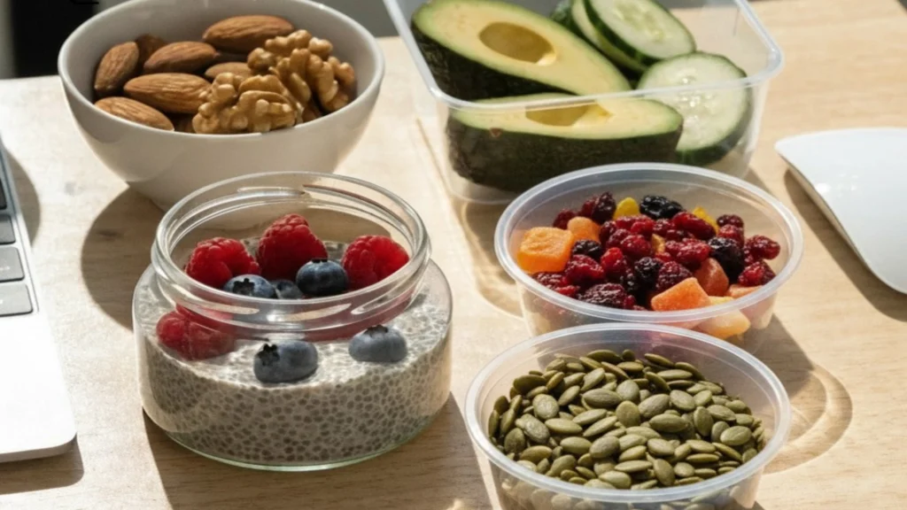 healthy snacks for remote workers on a home office desk