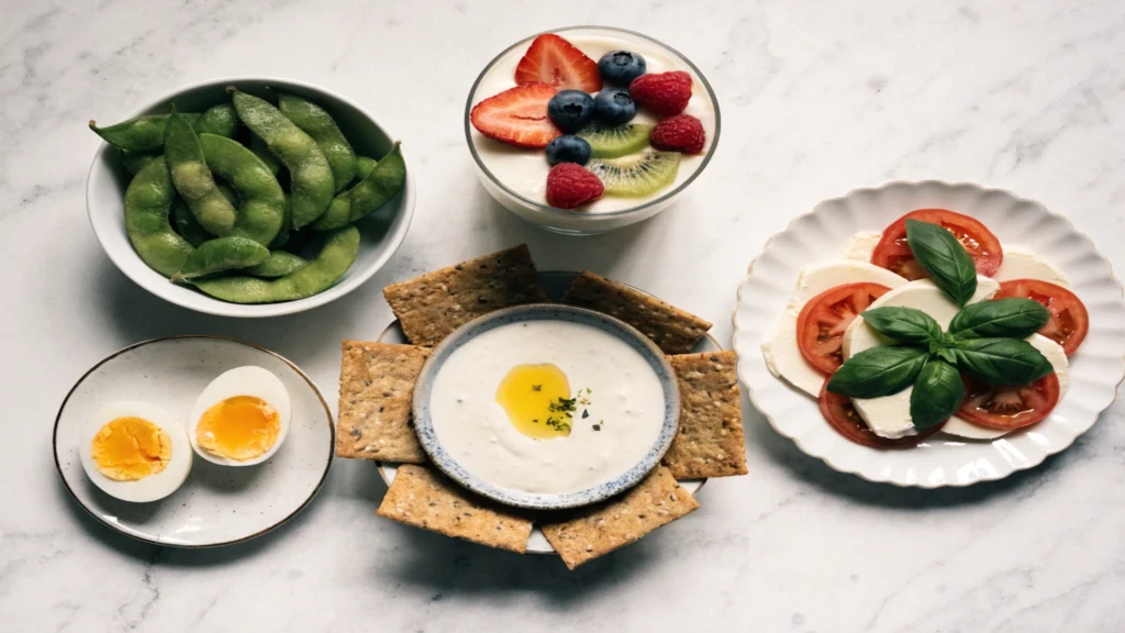 easy high protein snacks for busy days with yogurt, eggs and healthy quick snack ideas