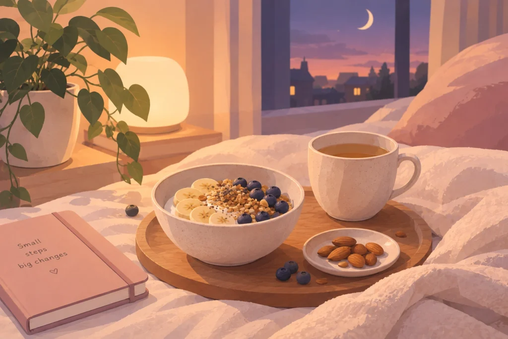 A light evening snack of yogurt with banana, blueberries and granola beside a warm cup of tea