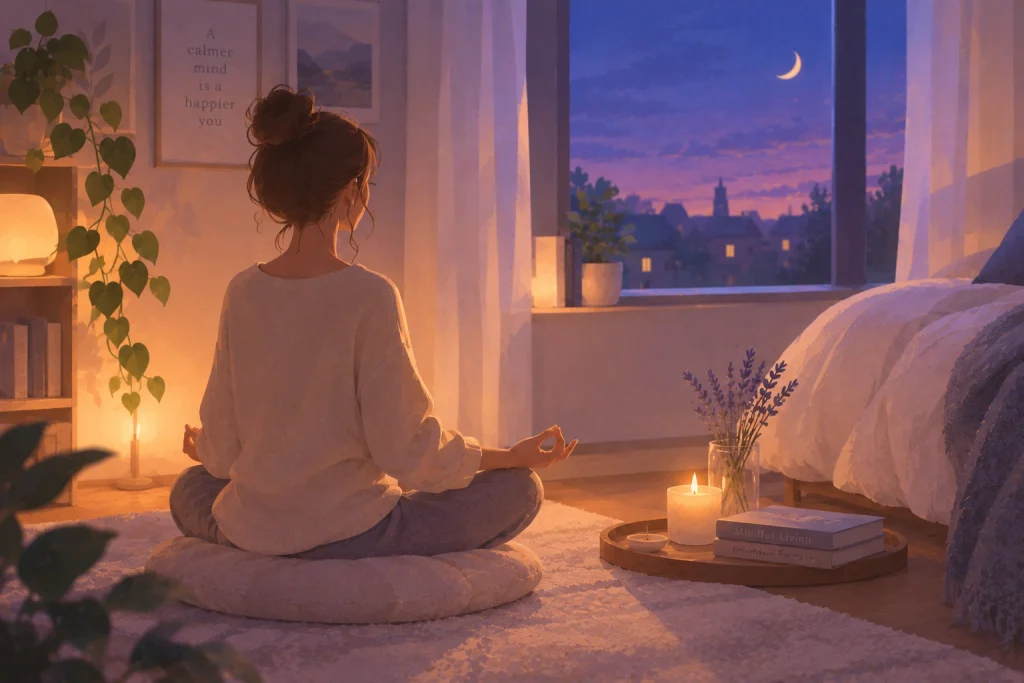 A woman meditating on a cushion in a softly lit bedroom at night with candlelight and moonlight