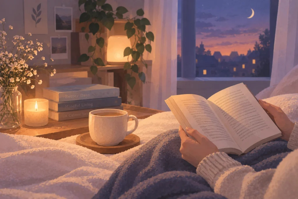 Reading a book with a warm cup of tea in a cozy bedroom at night