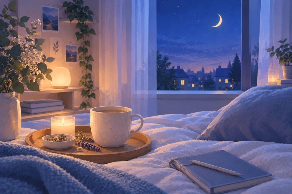 Calming evening routine with herbal tea and soft lighting before bed