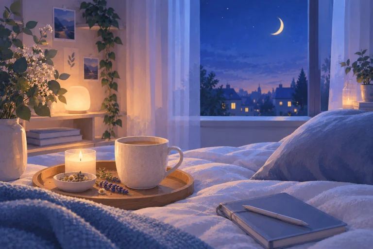 Calming evening routine with herbal tea and soft lighting before bed