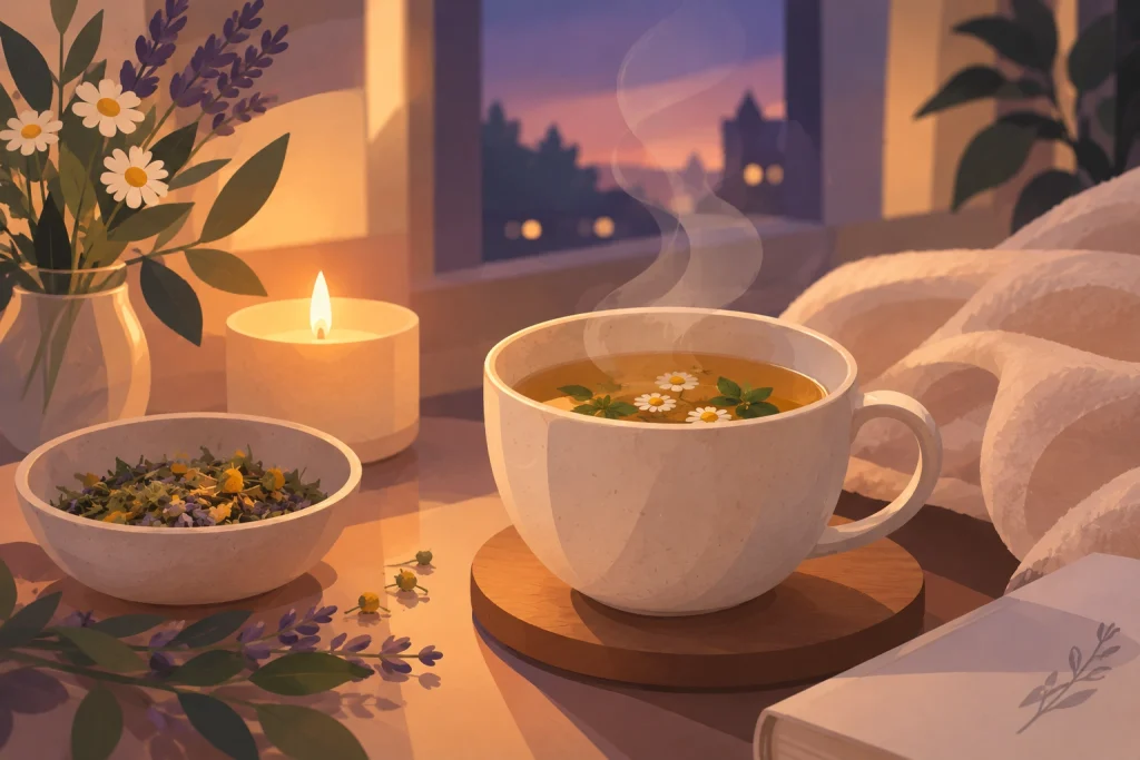 A warm cup of herbal tea beside a glowing candle on a peaceful evening
